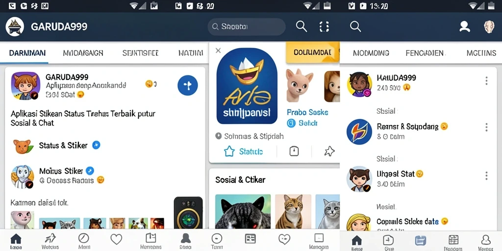 Tampilan antarmuka aplikasi GARUDA999 dengan koleksi stiker dan status.